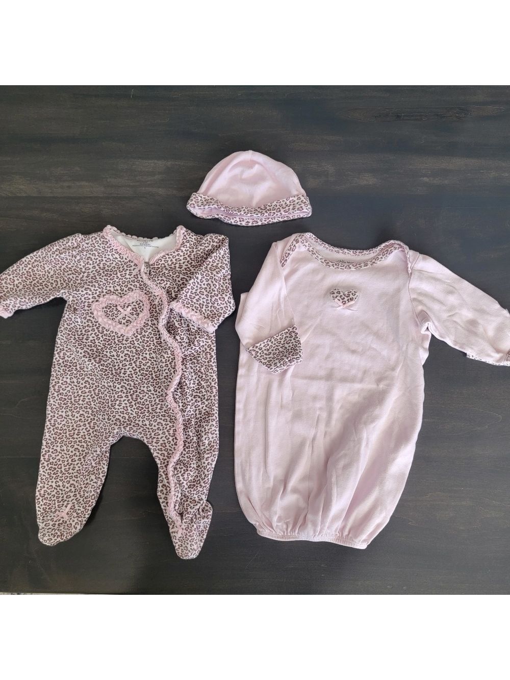 Little Me Pink Leopard Print 3 Piece Bundle Footed Onesie, Gown Hat 0-3 months